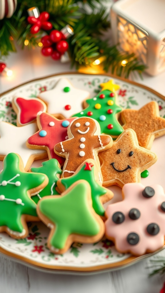 Mail-Friendly Christmas Cookies Recipe An assortment of Christmas cookies including decorated sugar cookies, gingerbread men, and chocolate chip cookies on a festive plate.